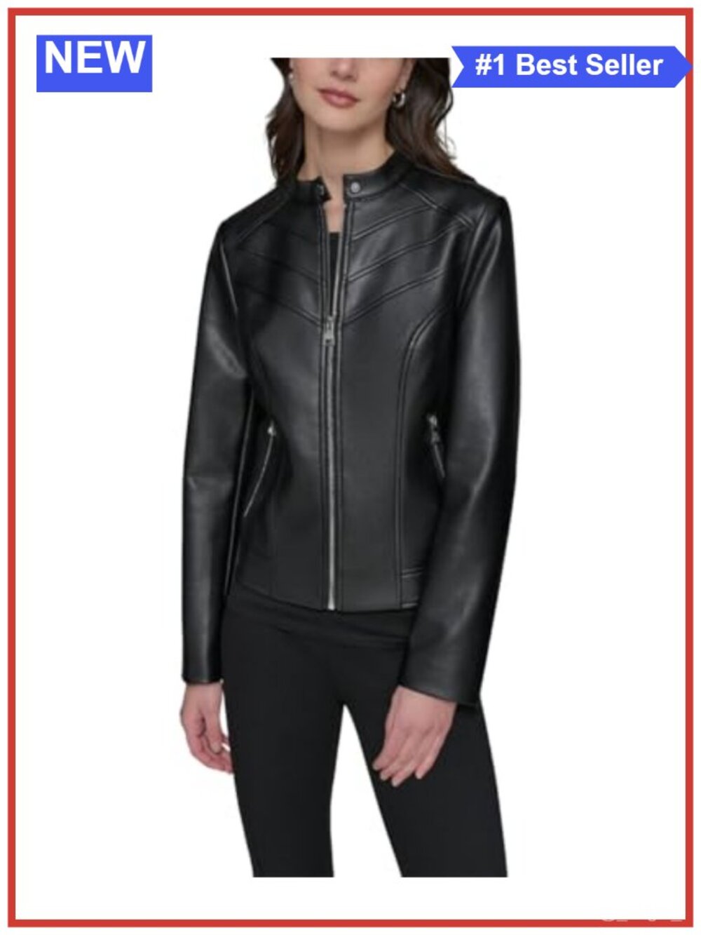 Zip Front Faux Leather Jacket Long Sleeve Band Collar Women's